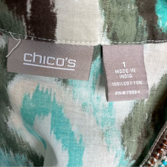 Chico's Green Ikat Print Embroidered Long Sleeve top 1 - Picture 5 of 7